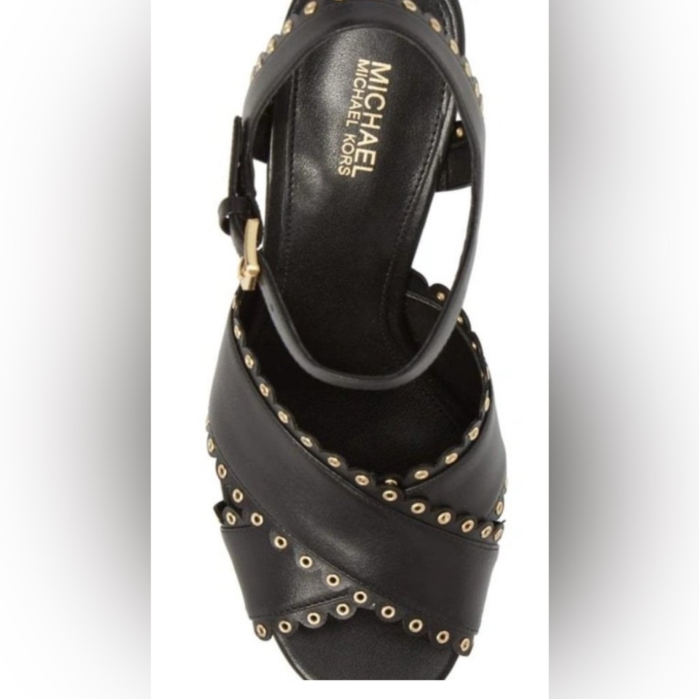 Michael Kors Black Jessie gold studded platform leather sandal 7.5